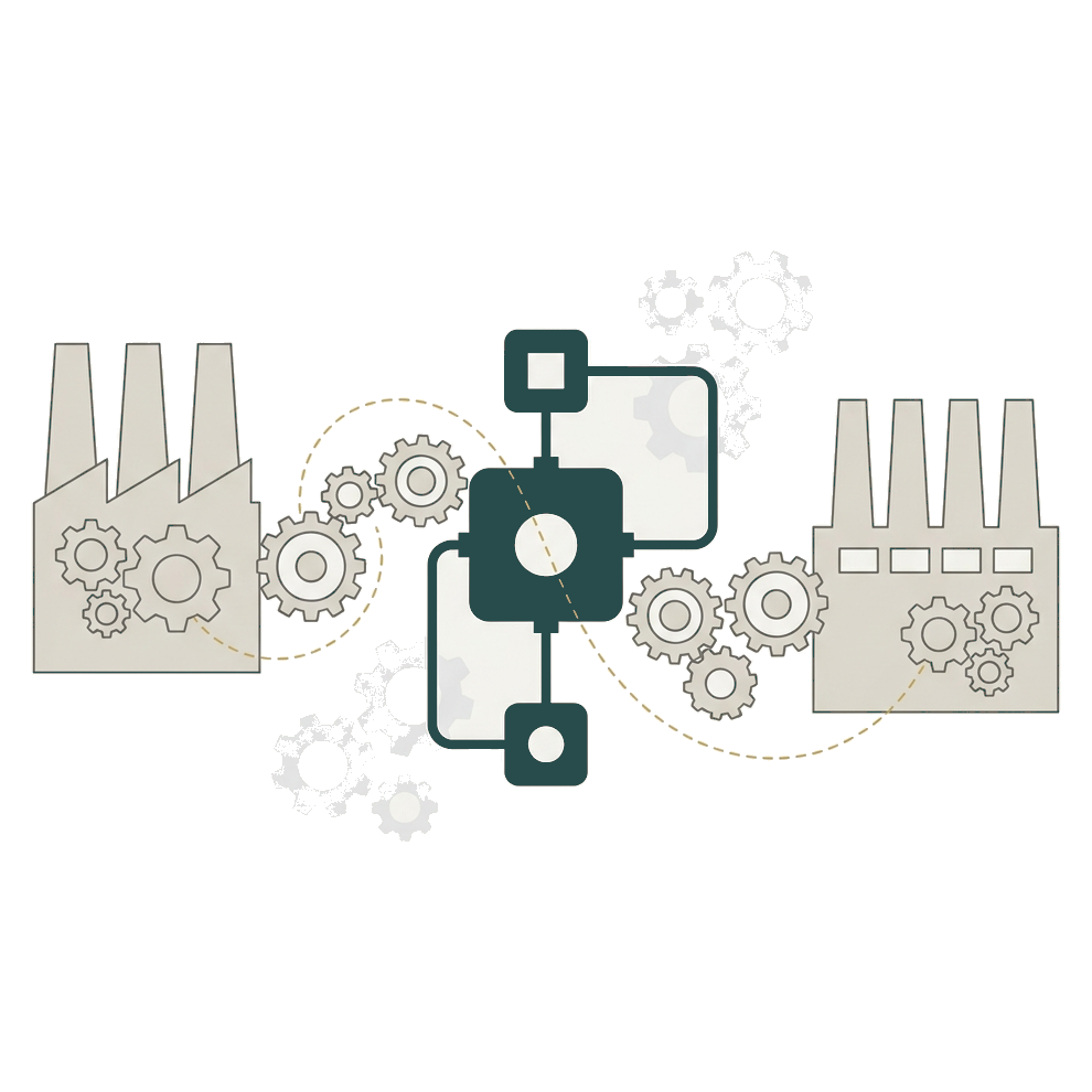 Two factories joined into one operation through a shared governance hub