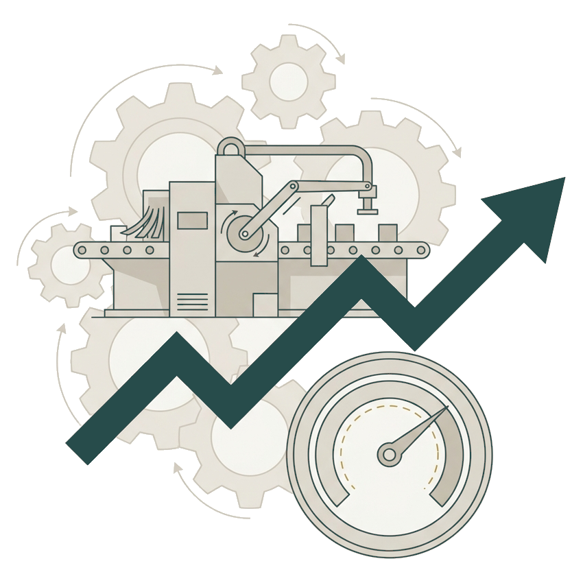 A production machine running well with a rising performance trend and a gauge reading high