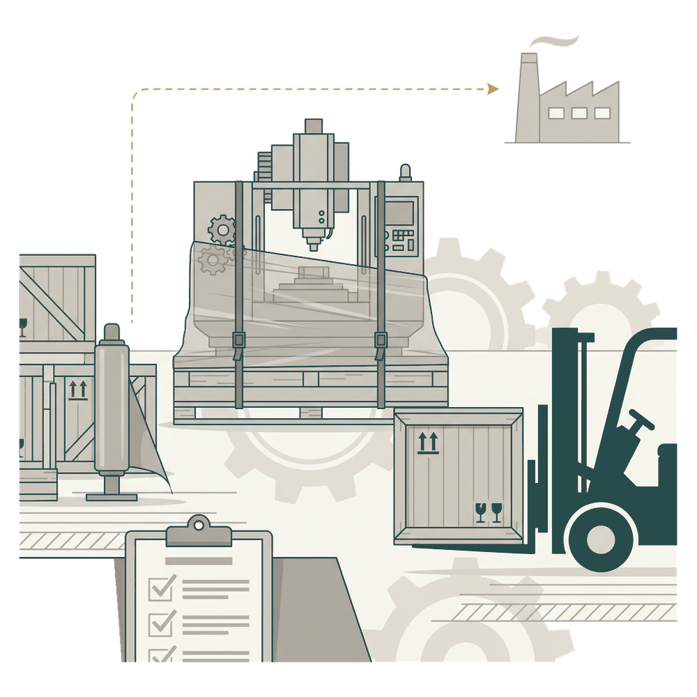 A production machine wrapped and strapped onto a pallet, a forklift moving a fragile-marked crate, and a delivery line running unbroken to a receiving factory