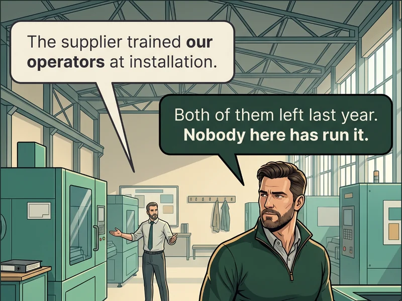 Cartoon: a manager on the RIGHT presents an open folder to a colleague beside a large clean machine, while in the LEFT foreground an operator stands at the machine&rsquo;s panel with both hands at his sides, not touching it, and a single solid gold rectangle sits on the panel as an acceptance sticker. Caption: &lsquo;The supplier trained our operators at installation.&rsquo; / &lsquo;Both of them left last year. Nobody here has run it.&rsquo;.