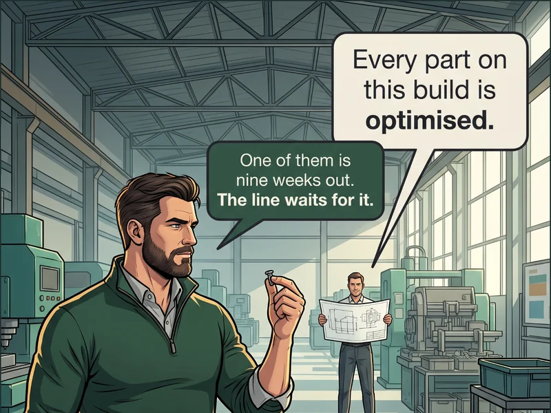 Cartoon: a design engineer on the RIGHT holds an open drawing towards two colleagues, while in the LEFT foreground an assembler stands beside a half-built unit with an empty parts bin in front of him, and a single solid gold hexagon lies alone in the empty bin. Caption: &lsquo;Every part on this build is optimised.&rsquo; / &lsquo;One of them is nine weeks out. The line waits for it.&rsquo;.