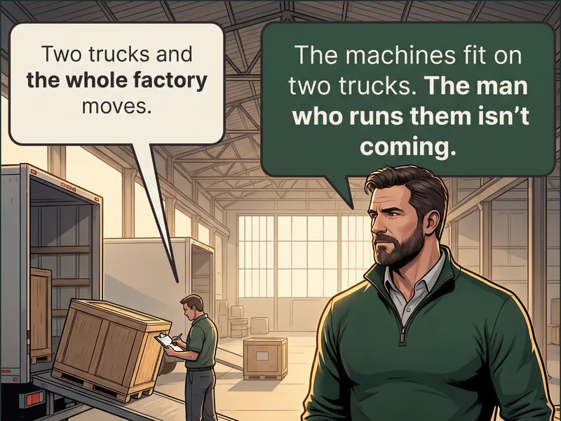 Cartoon: a move coordinator ticks his clipboard as a forklift lifts the last crate toward a truck at the open dock door, while on the LEFT a man in a green sweater stands beside a small bench with a flat gold notebook lying alone on it. Caption: &lsquo;Two trucks and the whole factory moves.&rsquo; / &lsquo;The machines fit on two trucks. The man who runs them isn&rsquo;t coming.&rsquo;.