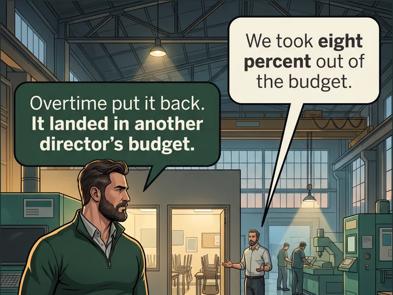 Cartoon: an empty canteen at night with chairs stacked on the tables and the lights low, while through an open doorway on the RIGHT two operators are still working at a machine in the hall beyond, and a single solid gold time card stands in a rack on the canteen wall. Caption: &lsquo;We took eight percent out of the budget.&rsquo; / &lsquo;Overtime put it back. It landed in another director&rsquo;s budget.&rsquo;.