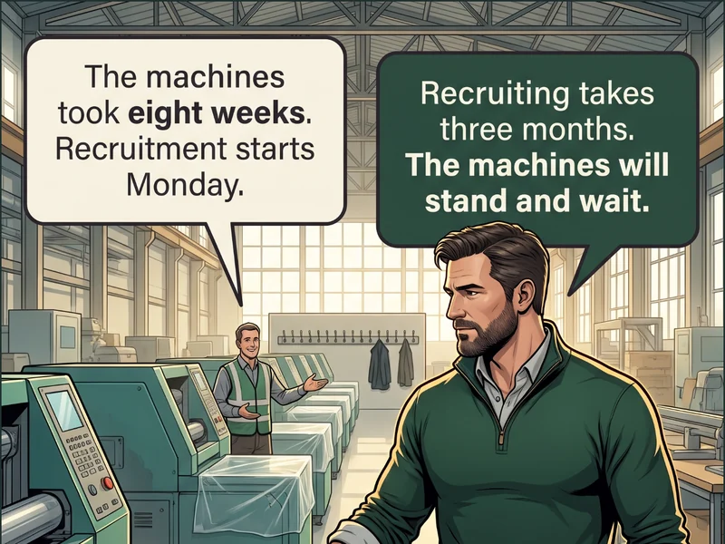 Cartoon: a plant manager gestures down a row of new machines still wearing protective film while only two operators run the nearest one and a rack of coat hooks on the wall holds a single hi-vis vest. Caption: &lsquo;The machines took eight weeks. Recruitment starts Monday.&rsquo; / &lsquo;Recruiting takes three months. The machines will stand and wait.&rsquo;.