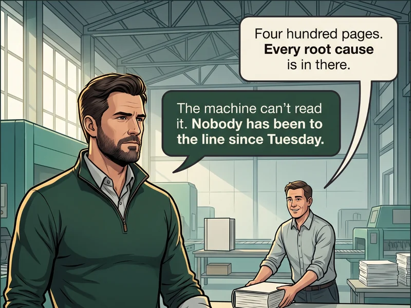 Cartoon: a consultant presents a pallet trolley stacked with thick binders, a gold ribbon bookmark trailing from the top one, to a production manager in front of a large machine standing dark and idle behind them, blanks staged at its table. Caption: &lsquo;Four hundred pages. Every root cause is in there.&rsquo; / &lsquo;The machine can&rsquo;t read it. Nobody has been to the line since Tuesday.&rsquo;.