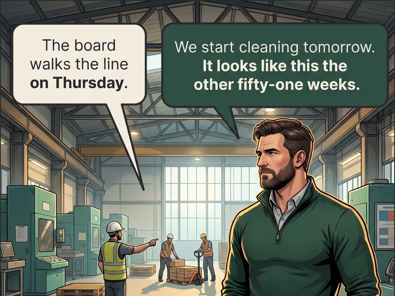 Cartoon: a site manager on the RIGHT directs two people, while in the LEFT foreground a tall stack of pallets is half-cleared, a forklift lifting the top half away down the hall, the floor beneath it newly exposed with its markings freshly repainted, and a single solid gold floor marker lying at the corner of the exposed patch. Caption: &lsquo;The board walks the line on Thursday.&rsquo; / &lsquo;We start cleaning tomorrow. It looks like this the other fifty-one weeks.&rsquo;.