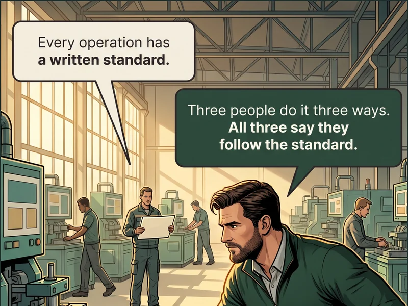 Cartoon: a process engineer on the RIGHT holds up a laminated sheet to a colleague, while in the LEFT and CENTRE three identical workstations run side by side, each operator working in a visibly different posture with tools laid out in a different arrangement, and a single solid gold clip holding the sheet at the nearest station. Caption: &lsquo;Every operation has a written standard.&rsquo; / &lsquo;Three people do it three ways. All three say they follow the standard.&rsquo;.