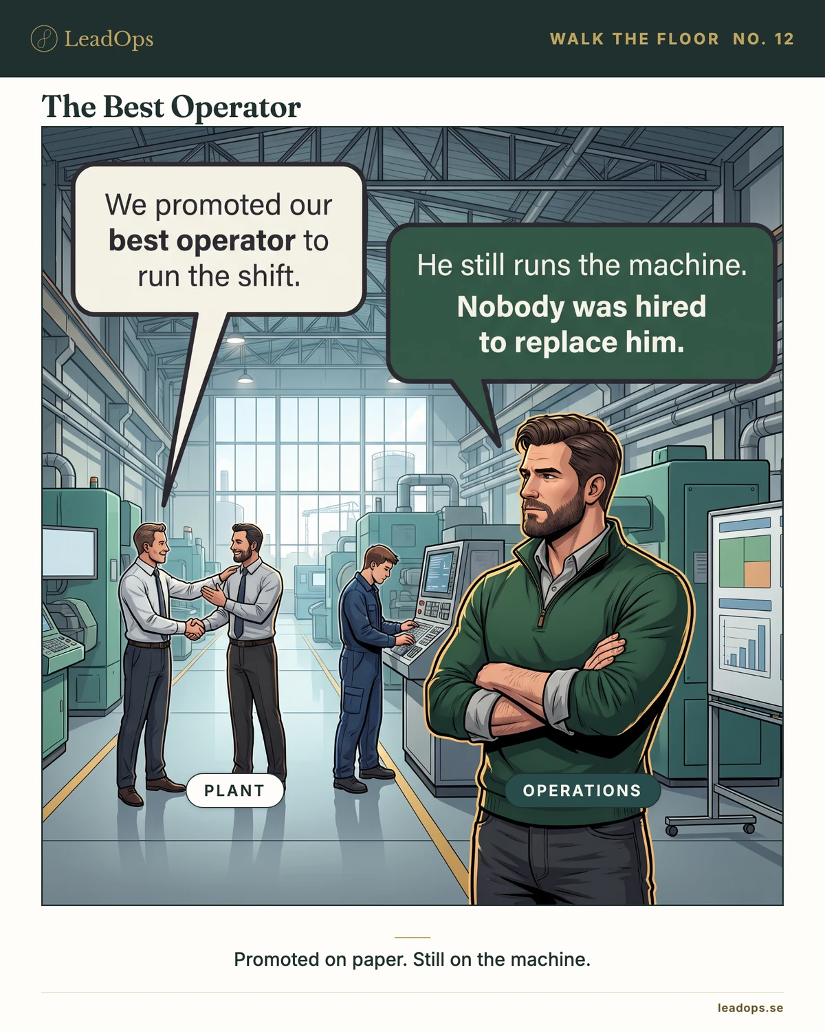 Cartoon: a plant manager on the RIGHT shakes hands with a colleague in front of two seated onlookers, while in the LEFT foreground a newly promoted production leader stands at a machine with a tool in one hand and a clipboard tucked under the same arm, and a single solid gold badge sits on the machine beside him. Caption: &lsquo;We promoted our best operator to run the shift.&rsquo; / &lsquo;He still runs the machine. Nobody was hired to replace him.&rsquo;.