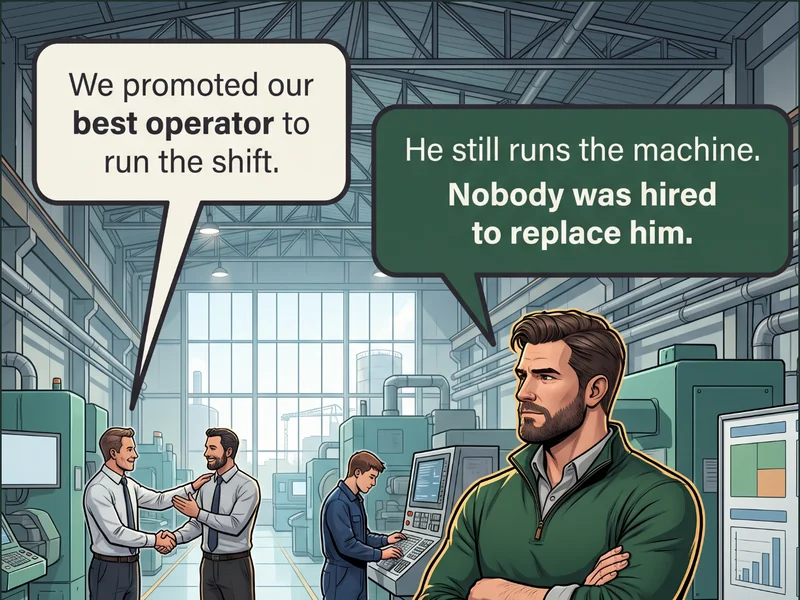 Cartoon: a plant manager on the RIGHT shakes hands with a colleague in front of two seated onlookers, while in the LEFT foreground a newly promoted production leader stands at a machine with a tool in one hand and a clipboard tucked under the same arm, and a single solid gold badge sits on the machine beside him. Caption: &lsquo;We promoted our best operator to run the shift.&rsquo; / &lsquo;He still runs the machine. Nobody was hired to replace him.&rsquo;.