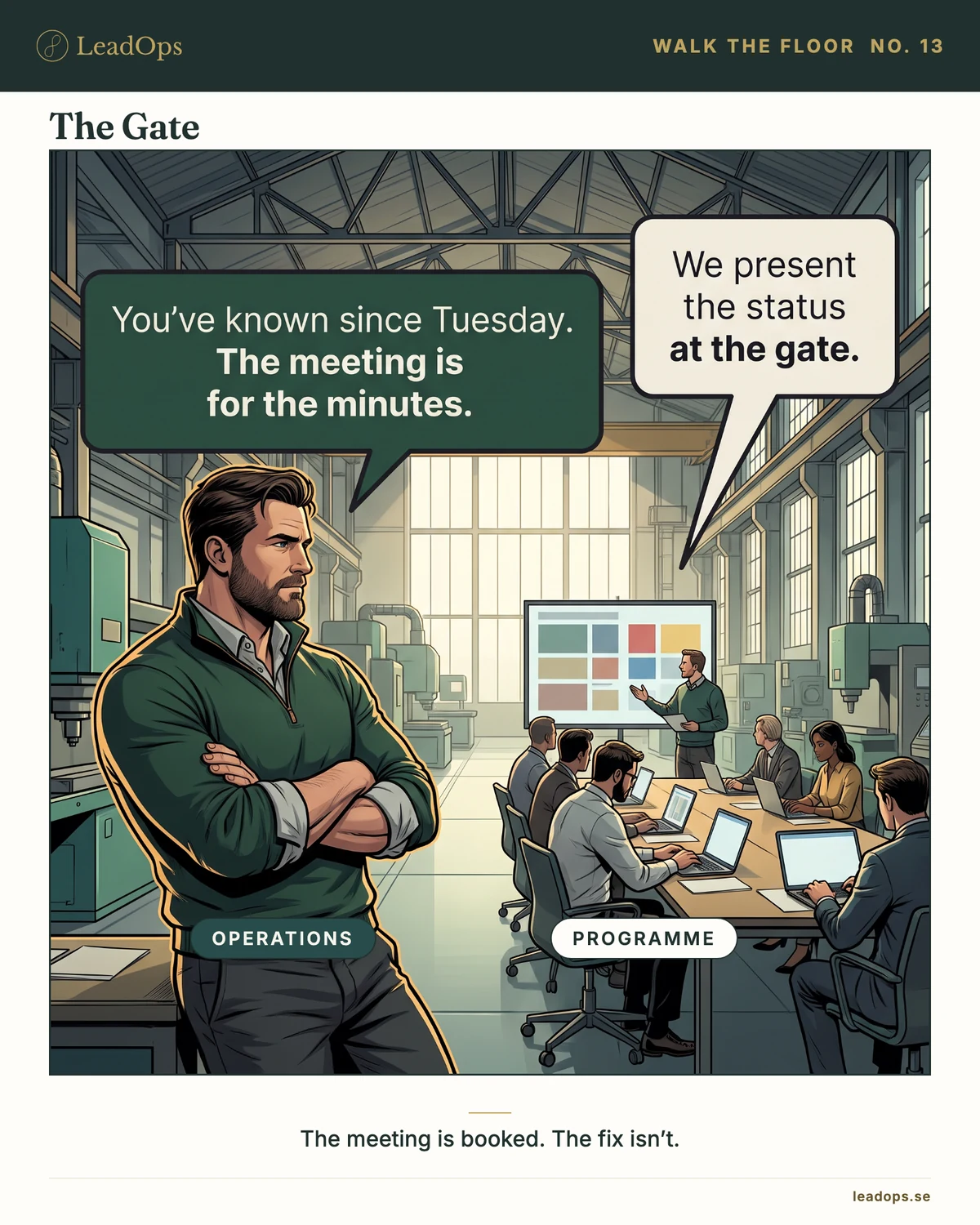 Cartoon: a programme manager on the RIGHT stands at a screen showing a row of eleven small blocks and gestures at it while three seated colleagues watch, and in the LEFT foreground a supervisor stands holding a clipboard at his side, with a single solid gold block among the eleven on the screen. Caption: &lsquo;We present the status at the gate.&rsquo; / &lsquo;You&rsquo;ve known since Tuesday. The meeting is for the minutes.&rsquo;.