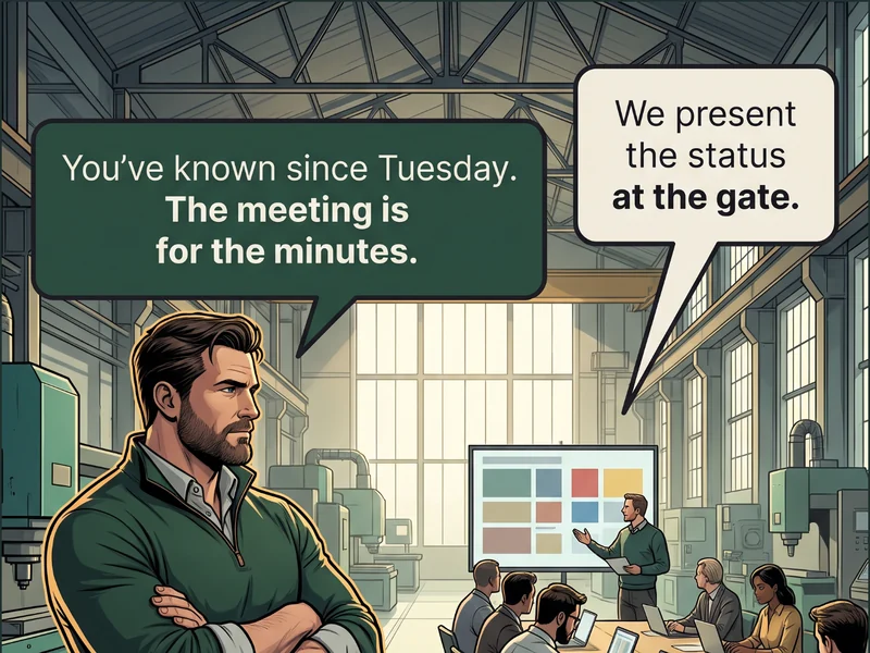 Cartoon: a programme manager on the RIGHT stands at a screen showing a row of eleven small blocks and gestures at it while three seated colleagues watch, and in the LEFT foreground a supervisor stands holding a clipboard at his side, with a single solid gold block among the eleven on the screen. Caption: &lsquo;We present the status at the gate.&rsquo; / &lsquo;You&rsquo;ve known since Tuesday. The meeting is for the minutes.&rsquo;.