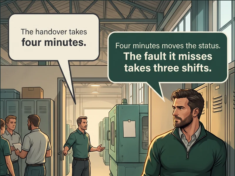 Cartoon: in a changing room two groups of operators cross at the lockers, one group in outdoor coats arriving and one in work clothes leaving, while through an open doorway on the RIGHT a single heavy machine stands in the hall beyond with a blank note taped to its panel and a single solid gold tag hanging from its handle. Caption: &lsquo;The handover takes four minutes.&rsquo; / &lsquo;Four minutes moves the status. The fault it misses takes three shifts.&rsquo;.