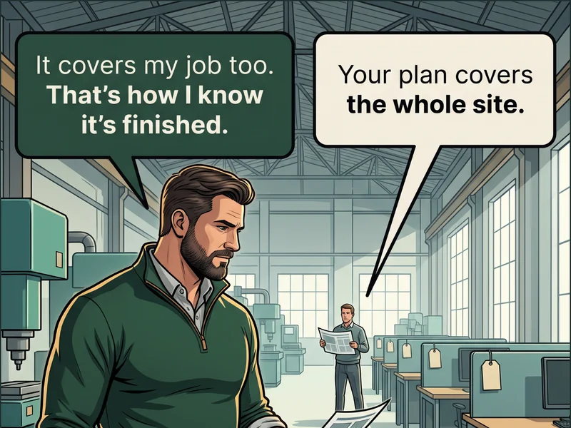 Cartoon: a steering-group manager reviews a floor of tidy workstations that each carry a small plain white paper tag while the operations veteran stands beside one desk holding his folded drawing, and the tag on that one desk is a single small solid gold rectangle. Caption: &lsquo;Your plan covers the whole site.&rsquo; / &lsquo;It covers my job too. That&rsquo;s how I know it&rsquo;s finished.&rsquo;.