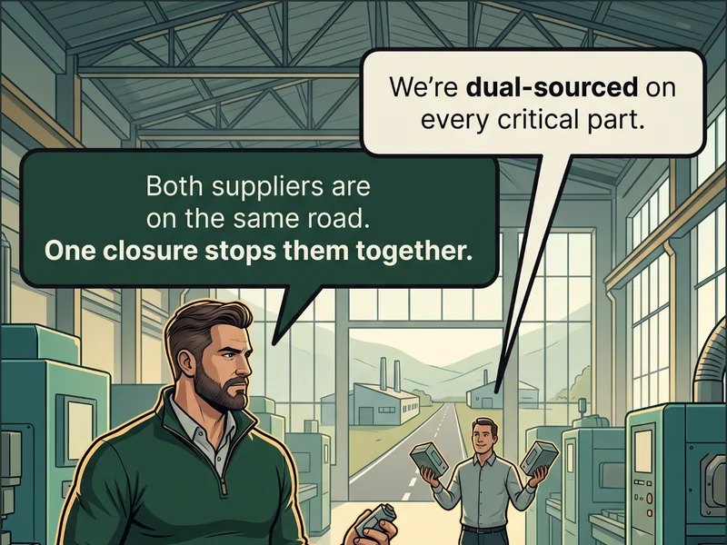 Cartoon: a purchasing manager on the RIGHT presents a large plain wall map with two pins in it to two colleagues, while in the LEFT foreground two identical strapped pallets stand side by side just inside a goods-in door, and a single solid gold seal sits on the top box of the nearer pallet. Caption: &lsquo;We&rsquo;re dual-sourced on every critical part.&rsquo; / &lsquo;Both suppliers are on the same road. One closure stops them together.&rsquo;.